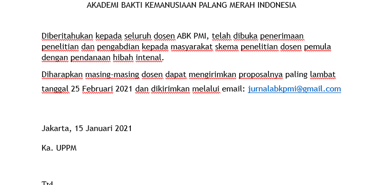 PENGUMUMAN PENERIMAAN HIBAH INTERNAL PENELITIAN DAN PENGABDIAN KEPADA MASYARAKAT AKADEMI BAKTI KEMANUSIAAN PALANG MERAH INDONESIA