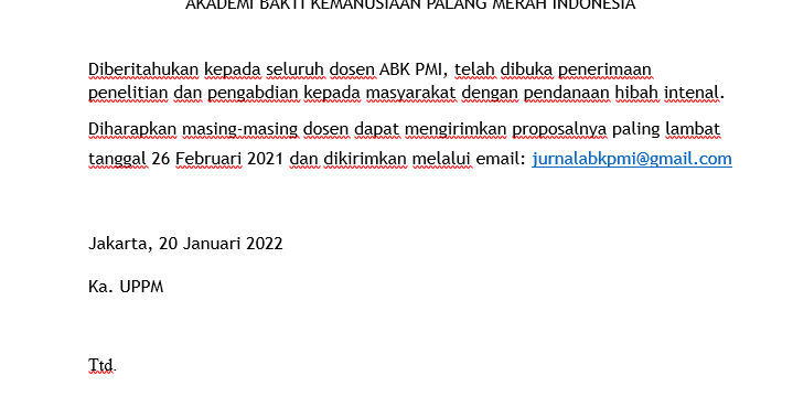 PENGUMUMAN PENERIMAAN HIBAH INTERNAL PENELITIAN DAN PENGABDIAN KEPADA MASYARAKAT AKADEMI BAKTI KEMANUSIAAN PALANG MERAH INDONESIA Tahun 2022