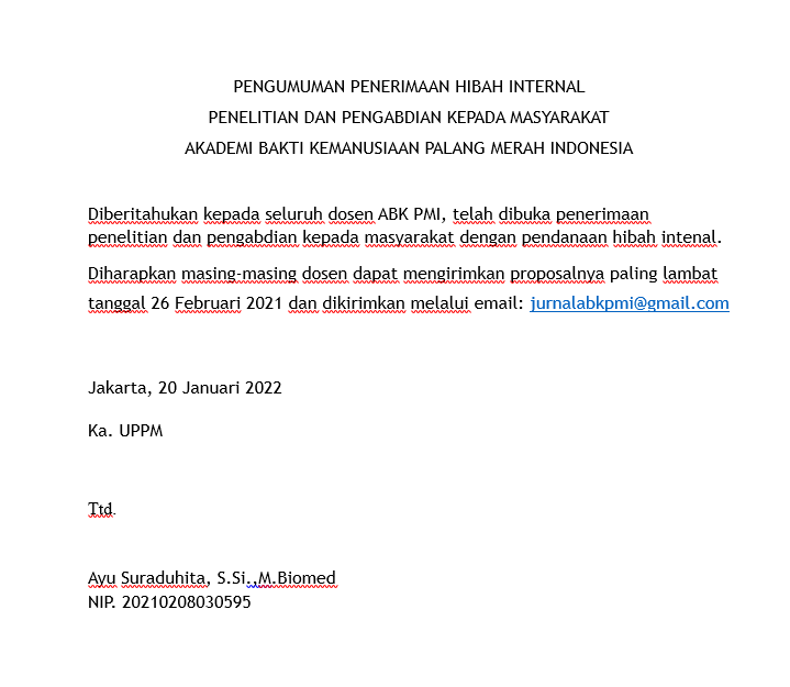 PENGUMUMAN PENERIMAAN HIBAH INTERNAL PENELITIAN DAN PENGABDIAN KEPADA MASYARAKAT AKADEMI BAKTI KEMANUSIAAN PALANG MERAH INDONESIA Tahun 2022