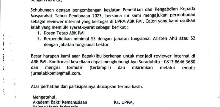 PENERIMAAN REVIEWER INTERNAL PENELITIAN DAN PENGABDIAN KEPADA MASYARAKAT TAHUN 2023
