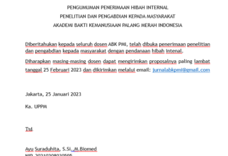 PENGUMUMAN PENERIMAAN HIBAH INTERNAL PENELITIAN DAN PENGABDIAN KEPADA MASYARAKAT AKADEMI BAKTI KEMANUSIAAN PALANG MERAH INDONESIA Tahun 2023